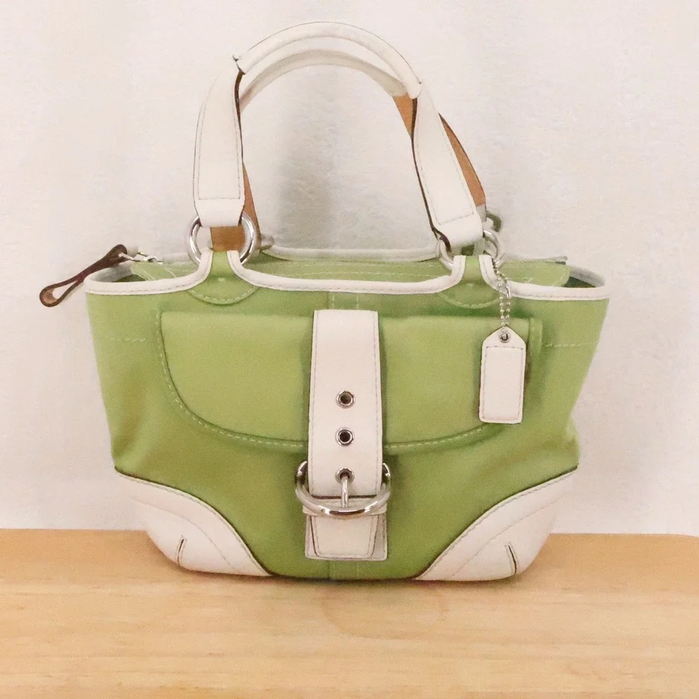 Vintage Y2K Coach Soho Buckle Satchel Bag Celery Green Canvas White Leather 1881